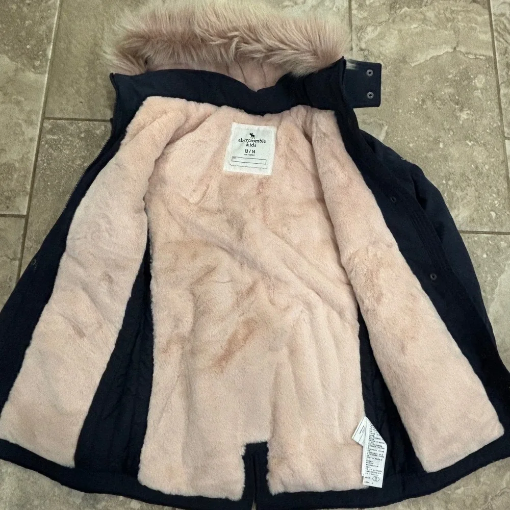 Abercrombie Kids‎ Girls Navy Blue Faux Fur Lined Parka Jacket Hooded 13/14
